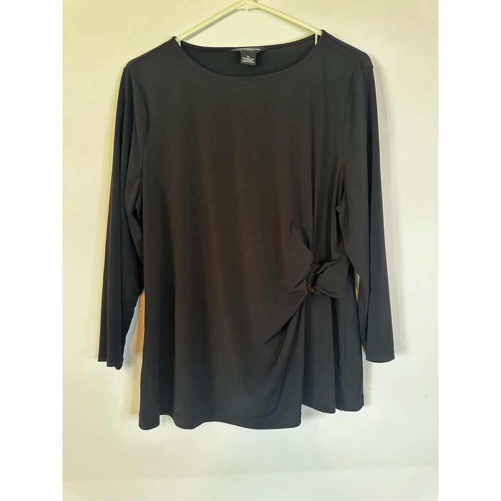 Liz Claiborne Career Black Top XL Long Sleeve Tie Front Stretch Blouse